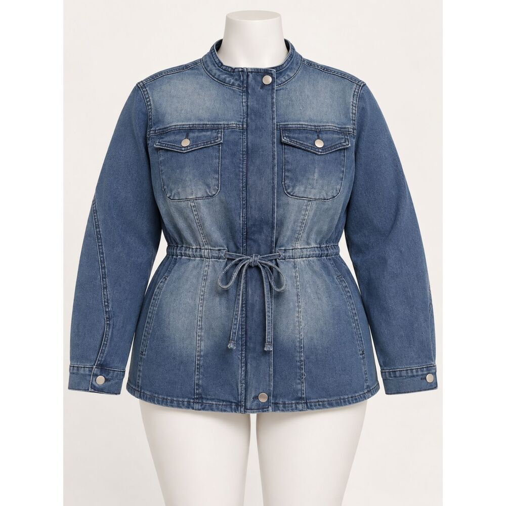 Women’s Plus Size 1X Denim Utility Jacket Zip Snap Drawstring 4 Pocket Blue